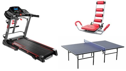 De izquierda a derecha: Cinta de correr plegable y modos de inclinación con velocidad máxima de 20 km/h, banco de abdominales Rocket Twister y Mesa de ping pong plegable con red.