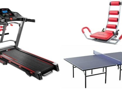 De izquierda a derecha: Cinta de correr plegable y modos de inclinación con velocidad máxima de 20 km/h, banco de abdominales Rocket Twister y Mesa de ping pong plegable con red.