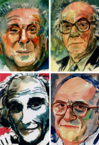 De arriba a abajo, los retratos de José Manuel Lara, José Saramago, Leo Ferré y Vicente Aranda.