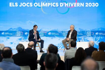 Salvador Illa (PSC) y Alejandro Blanco (COE) en una jornada sobre los Juegos Olímpicos de Invierno de 2030.