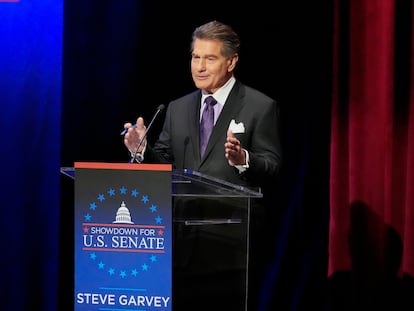 Former baseball player Steve Garvey speaks during a televised debate for candidates in the senate race to succeed the late California Sen. Dianne Feinstein on Jan. 22, 2024, in Los Angeles.