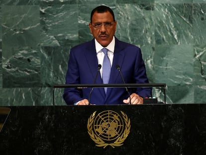 The deposed president of Niger, Mohamed Bazoum, during his speech at the 77th session of the United Nations General Assembly, on September 22.