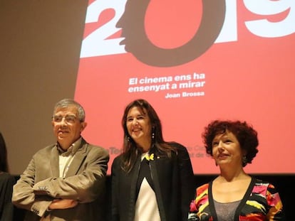 Isa Camp, Esteve Riambau, Laura Borràs i Icíar Bollaín en la presentació de la temporada de la Filmoteca.