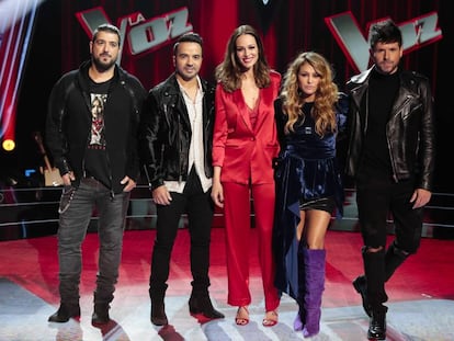 Antonio Orozco, Luis Fonsi, Eva González, Paulina Rubio y Pablo López, en la presentación de 'La Voz'.