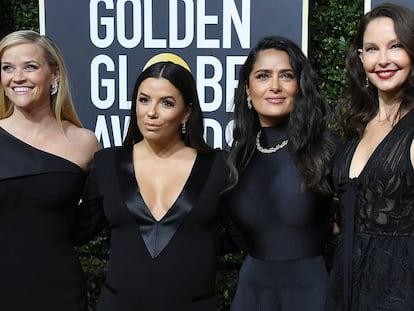 Reese Witherspoon, Eva Longoria, Salma Hayek e Ashley Judd, no Globo de Ouro realizado em 7 de janeiro de 2018.