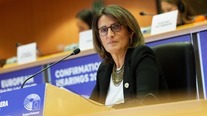 Teresa Ribera, el día 12 durante su intervención en el Parlamento Europeo en el proceso de audiencia para la confirmación de su candidatura a la Comisión.