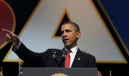 El presidente de EE UU, Barack Obama, durante su discurso en la convención de Veteranos Americanos Discapacitados de Atlanta.