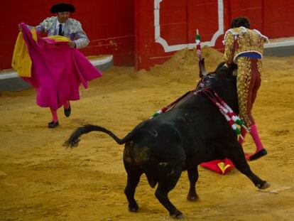 El diestro Jos&eacute; Tom&aacute;s es corneado por el quinto toro de la tarde durante la corrida de la Feria del Corpus en Granada. 