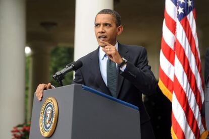 El presidente norteamericano Barack Obama durante sus declaraciones esta ma&ntilde;ana en la Casa Blanca.