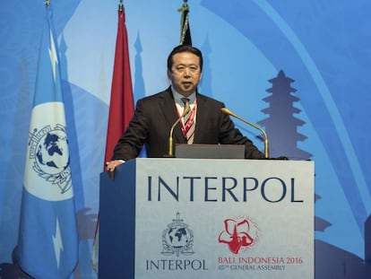 El viceministro de Seguridad P&uacute;blica chino, Meng Hongwei, en la asamblea general de Interpol este jueves en Bali (Indonesia).