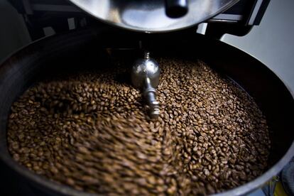 Secado del grano de café en una máquina en Salento, pueblo cafetero en Quindío.