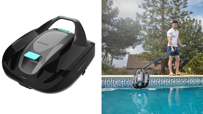 robot limpiafondos para la piscina con varias ruedas y cuatro cepillos de limpieza.
