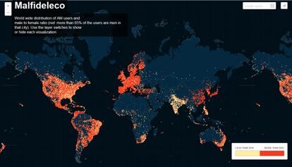 Mapa interactivo que muestra los usuarios de Ashley Madison por ciudades.