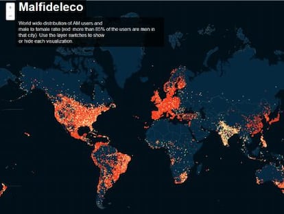Mapa interactivo que muestra los usuarios de Ashley Madison por ciudades.