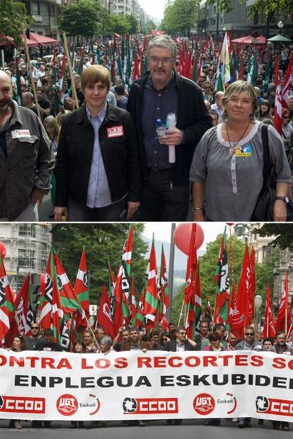 Arriba, el líder de ELA, <i>Txiki</i> Muñoz, Ainhoa Etxaide (izquierda), de LAB, y Belén Arrondo, de STEE-EILAS. Abajo, Unai Sordo y Dámaso Casado encabezan la manifestación de CC OO y UGT.