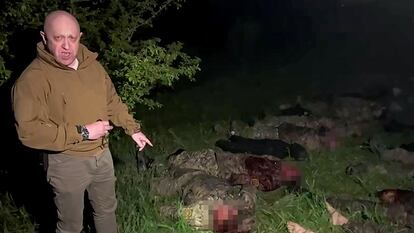 Wagner chief Yevgeny Prigozhin in a frame from a video released Friday that shows corpses of his soldiers on the Ukrainian frontline.