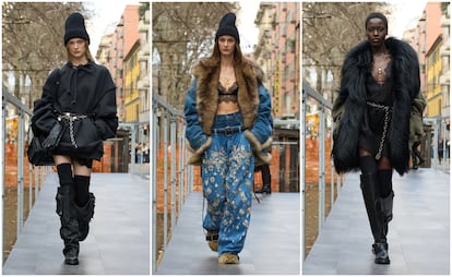 Tres modelos en el desfile de este sábado de Dolce & Gabbana, del que se vio parte en la calle de Milán.