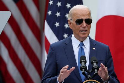 U.S. President Joe Biden speaks in the Rose Garden at the White House in Washington, D.C., U.S., on April 10, 2024.