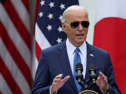 U.S. President Joe Biden speaks in the Rose Garden at the White House in Washington, D.C., U.S., on April 10, 2024.
