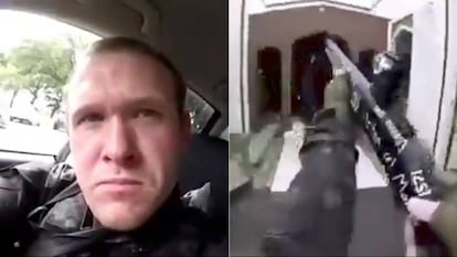 Captura de vídeo com o rosto de um dos terroristas de Christchurch e da arma que usou nesta sexta-feira no atentado contra duas mesquitas