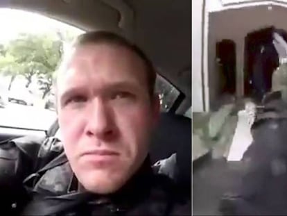 Captura de vídeo com o rosto de um dos terroristas de Christchurch e da arma que usou nesta sexta-feira no atentado contra duas mesquitas