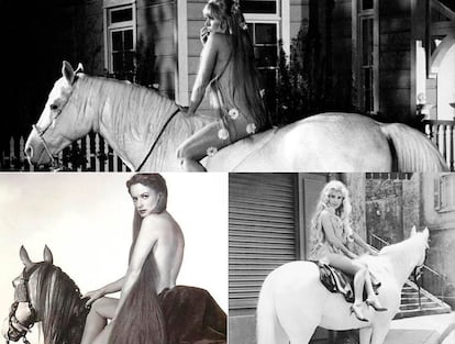 Arriba: Kim Novak como Lady Godiva en ‘Ojos verdes, rubia y peligros’ (1969). Abajo, a la izq. Mauren O’Haara en ‘Lady Godiva’ (1955) y a la dcha, Gina Lollobrigida en ‘Habitación para dos’ (1965).