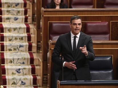 El presidente del Gobierno, Pedro Sánchez, durante su intervención en el pleno de sesión de control al Gobierno.