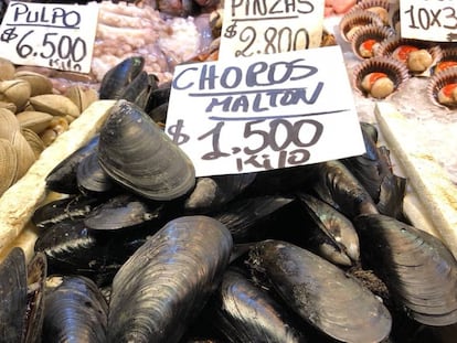 Los mejillones en el mercado central de Santiago de Chile. 