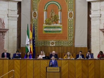 El presidente de la Junta de Andalucía, Juan Manuel Moreno, durante se intervención en el debate sobre la situación política en Andalucía en el Parlamento autonómico.