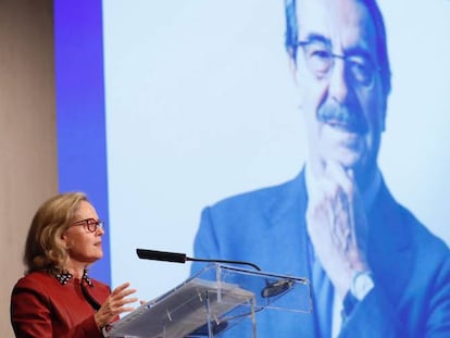 Nadia Calviño, durante su intervención este lunes en el homenaje a Emilio Ontiveros.