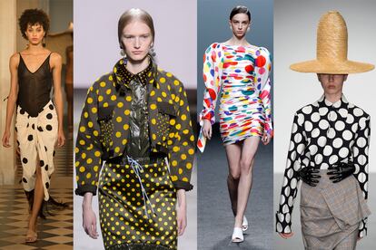 Los maxilunares.

El estampado del invierno regresa amplificado. Los lunares protagonizan los looks más sofisticados de la primavera.

Las pruebas: falda efecto pareo de lunares de Jaquemus. Conjunto de Mary Katrantzou. Vestido drapeado de María Escoté. Look de AWAKE.