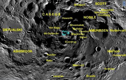 La región del polo sur de la Luna está repleta de cráteres que albergan agua helada