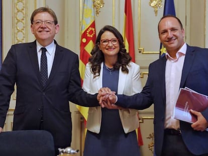 Ximo Puig, Mónica Oltra y Rubén Martínez Dalmau den 2019, cuando cerraron los primeros acuerdos para formar el gobierno autonómico.