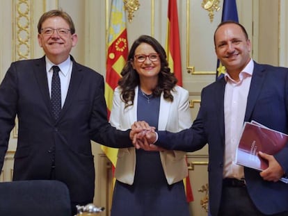 Ximo Puig, Mónica Oltra y Rubén Martínez Dalmau escenifican los primeros acuerdos para formar Gobierno en 2019.