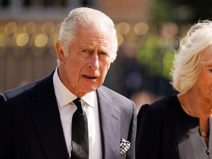 Charles III and Queen Consort Camilla arrive at Hillsborough Castle in Belfast on Tuesday.