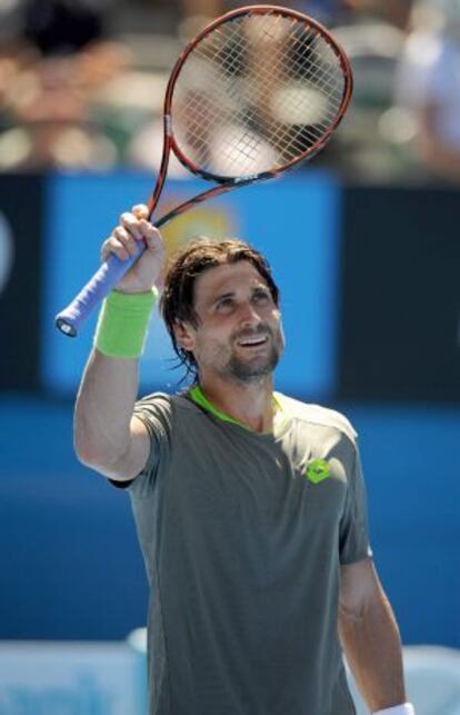 David Ferrer of Spain celebrates after his first round-match against Alejandro Gonz&aacute;lez of Colombia.