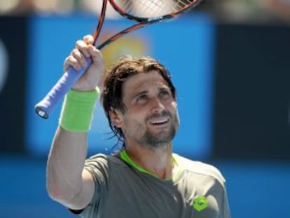 David Ferrer of Spain celebrates after his first round-match against Alejandro Gonz&aacute;lez of Colombia.