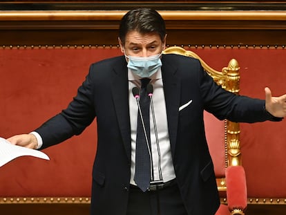 O primeiro-ministro italiano, Giuseppe Conte, durante seu discurso nesta terça-feira no Senado.