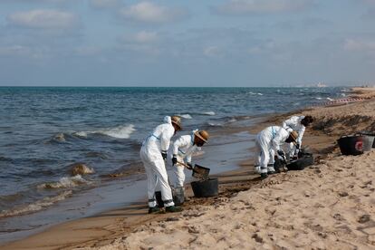 Trabajos de recogida del vertido en la playa de El Saler de Valencia, este martes.