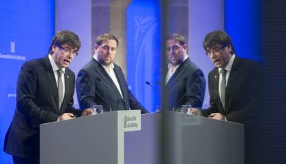 Carles Puigdemont i Oriol Junqueras anuncien el nou Govern.