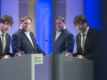 Carles Puigdemont i Oriol Junqueras anuncien el nou Govern.