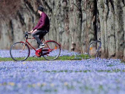 Un ciclista junto a su bici en Hanover (Alemania).