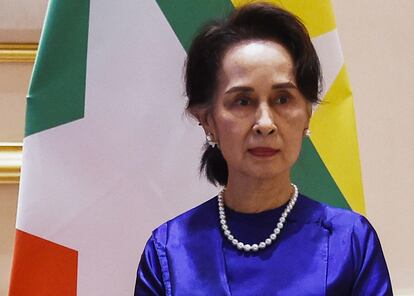 La líder del Gobierno civil depuesto en Myanmar, Aung San Suu Kyi, en una imagen de archivo.