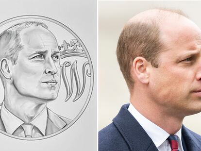 La moneda conmemorativa por los 40 años de Guillermo de Inglaterra, duque de Cambridge, junto a una imagen suya.