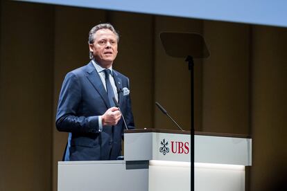 UBS Group former Chief Executive Officer Ralph Hamers speaks during the Annual General Meeting, two weeks after buying rival Swiss bank Credit Suisse, in Basel, Switzerland, April 5, 2023.