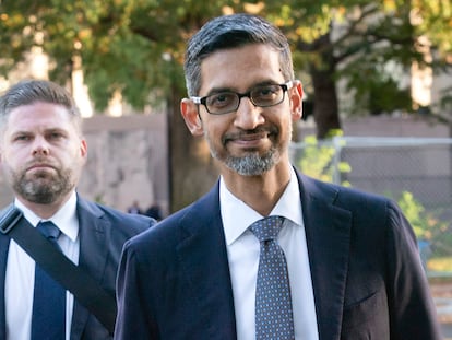 Google and Alphabet Inc. CEO Sundar Pichai arrives at the federal courthouse in Washington, Monday, Oct. 30, 2023.