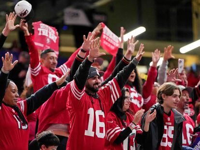 Feb 5, 2024; Las Vegas, NV, USA; San Francisco 49ers fans cheer during Super Bowl LVIII Opening Night at Allegiant Stadium. Mandatory Credit: Lucas Peltier-USA TODAY Sports