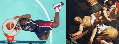 LeBron James (l) hangs from the basket in the first round of the Olympic basketball competition. On the right, a detail from Caravaggio's 'The Crucifixion of Saint Peter.' 