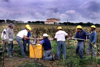 Brigada de Fecsa treballant en la línia elèctrica de les Gavarres el 2001.