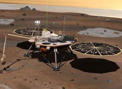 Ilustración de la sonda espacial <i>Phoenix</i> en la superficie de Marte.